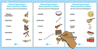 Musical Instruments Word and Picture Matching Activity Sheets 