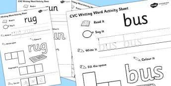 CVC Writing Word Activity Sheet Pack 'u' with British Sign Language, worksheet