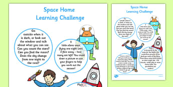 Space Home Learning Challenge Sheet Nursery FS1 - Home learning, homework, parents, early years, EYFS, Space, planets, aliens, the moon, rockets, spaceships