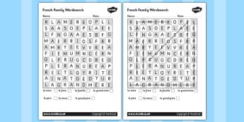 French Family Members Wordsearch - worksheets, families, search
