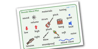 Sounds Word Mat - sounds, word mat, mat, writing aid, words, listening, low, high, sound, sounds, display, poster, instruments