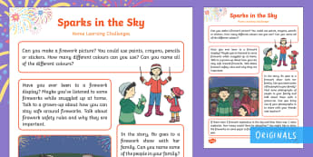 Sparks in the Sky Home Learning Challenges Nursery FS1 - bonfire night, fireworks, guy fawkes, Twinkl Originals, Twinkl Fiction, Nursery, home school links, 