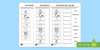 Differentiated Matching Activity on World War One Care Box Word and Picture Matching Activity Sheet