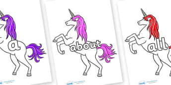 100 High Frequency Words on Unicorn - High frequency words, hfw, DfES Letters and Sounds, Letters and Sounds, display words