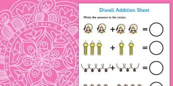 Diwali Addition Activity Sheet - diwali, addition, worksheet, diwali worksheet, addition worksheet, counting and addition, counting, numeracy, adding, plus