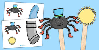 Incy Wincy Spider Stick Puppets - nursery rhyme, song, rhyme, minibeasts, EYFS, early years