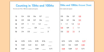 Counting in Tenths and Hundredths Activity Sheet - counting, tenths, hundredths, activity, sheet, worksheet