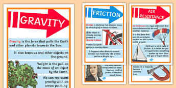 Types of Forces Display Posters - forces, types of force, forces posters, gravity poster, friction poster, air resistance poster, magnetism poster, ks2