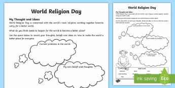 KS2 World Religion Day (15th Jan) My Thoughts and Ideas Activity Sheet - KS2 World Religion Day, beliefs, thoughts about religion, personal ideas, year 3, year 4, year 5, ye