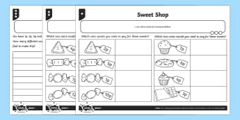 Sweet Shop Differentiated Activity Sheets - Measurement, problem solving, coins, coin value, british coins, number bonds to 20