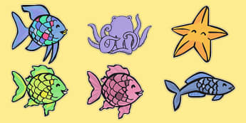 Stick Puppets to Support Teaching on The Rainbow Fish - The Rainbow Fish, Marcus Pfister, resources, Rainbow Fish, PSHE, PSE, octopus, shimmering scales, starfish, friendship, under the sea, sea, story, story book, story book resources, story sequenc