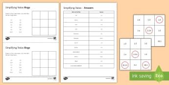 Simplifying Ratios Bingo - simplifying ratios, ratio, converting units, measurements.