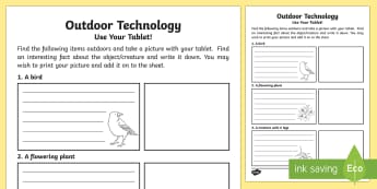 Outdoor Technology Activity Sheet - CfE Outdoor Learning, nature, forest, woodland, playground, treasure hunt, bugs, worksheet, flowers,