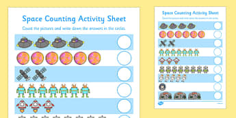 My Counting Activity Sheet(Space) - Counting worksheet, space, counting, activity, how many, foundation numeracy, counting on, counting back, moon, stars, planet, planets, rockets