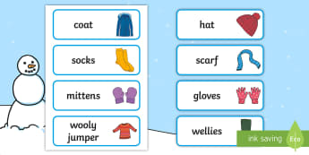 Winter clothes labels - Clothes Primary Resources, clothing, what we wear, wear, printables