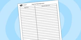 Pupil Important Information Sheet -important information, pupil information, information sheet, informative sheet, pupil sheets, information list