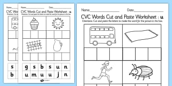 CVC Words Cut and Paste Worksheets u - CVC worksheets, CVC words, literacy, phonics, fine motor, cvc, cutting