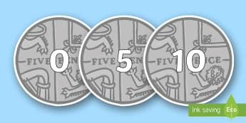 Counting in 5s on 5ps - Counting, coin, money, numberline, Number line, Counting on, Counting back, counting in 5s, coins, currency, pound, pence, foundation numeracy, pay, shop