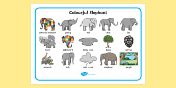 Word Mat to Support Teaching on Elmer - Elmer, Elmer the elephant, resources, Elmer story, patchwork elephant, PSHE, PSE, David McKee, colours, patterns, story, story book, story book resources, story sequencing, story resources, word mat, w