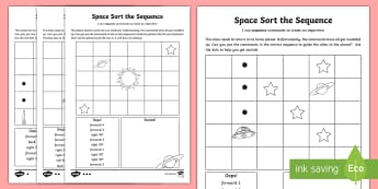 Space Sort the Sequence Differentiated Activity Sheet - worksheet, computing, program, algorithm, sequence, commands, plan, predict, coding, reorder, space
