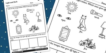 Light and Dark Worksheet - light and dark, sources of light, sources of light worksheet, light sources, different sources of light, ks2 science worksheet