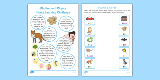 Rhythm and Rhyme Home Learning Challenge FS2 - EYFS planning, Early years activities, homework activities, phonics, Letters and Sounds, Phase 1, Aspect 4, listening skills