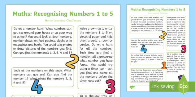 Recognises Numerals 1 to 5 Home Learning Challenges - EYFS, Early Years, home school links, homework, Maths, Mathematics, 40-60 months, Number Recognition