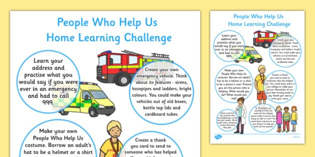 People Who Help Us Home Learning Challenge Sheet Reception FS2 - EYFS planning, Early years activities, homework activities, people who help us