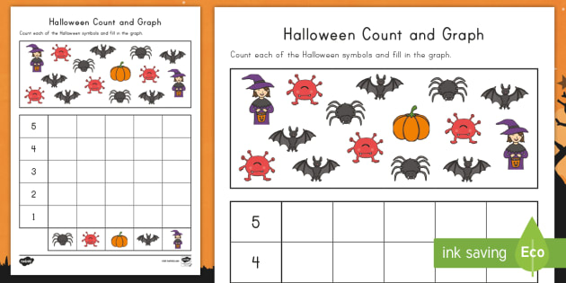 Halloween Count and Graph Activity Sheet - Graph, One-to-one correspondence, math, pre-K, counting, number recognition, Worksheet