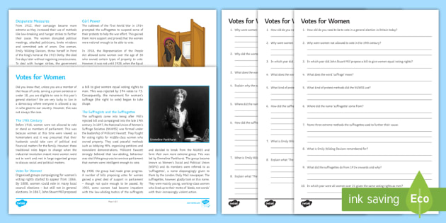 Votes For Women Differentiated Reading Comprehension Activity