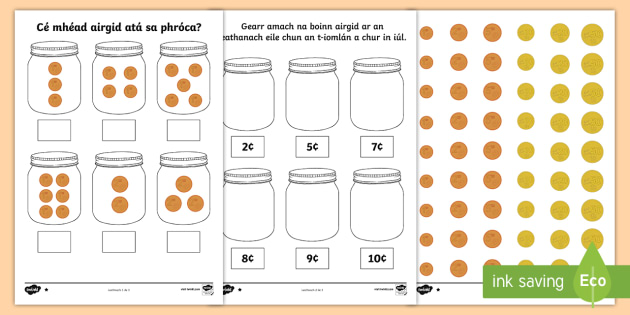 Bileoga Oibre Difreáilte: Cé Mhéad Airgid atá sa Phróca? - Maths, Mata, Matamaitic, Mathematics, Gaelscoil, Irish-Medium Schools, Cluichí Mata, Maths Games, G