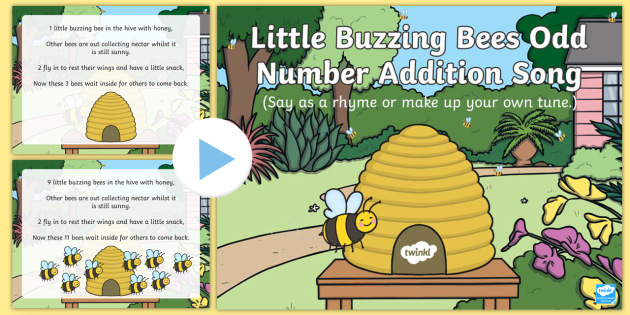 Little Buzzing Bees Odd Number Addition Rhyme PowerPoint - singing, song time, maths, mathematics, add, 2, addition, adding, plus, counting, racecars, odd numb