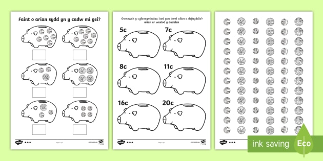 Taflenni Gweithgaredd Faint O Arian Sy'n Y Cadw Mi Gei? - ceiniogau, coins, arian, money, total, cadw mi gei, rhifedd, arian blwyddyn 1, arian blwyddyn 2,Rheo