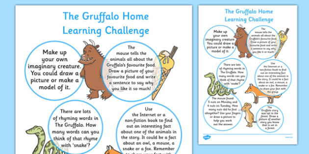 Home Learning Challenge Sheet to Support Teaching The Gruffalo Reception FS2 - EYFS, homework, Early years, Julia Donaldson