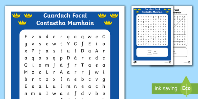 Contaetha Mumhain Word Search Gaeilge - Counties, Mumhain, contae, Corcaigh, Ciarraí, Tiobráid Arann, Luimneach ,Irish