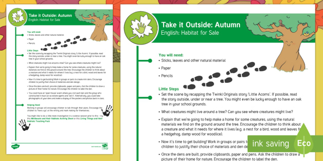 EYFS Take It Outside: Autumn English - Habitat For Sale Activity - Little Acorns, Twinkl originals, fiction, Outdoor and Woodland Learning, Wonder Investigate Learn Di