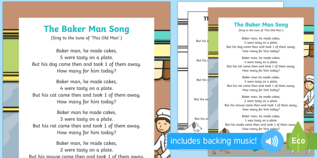 The Baker Man Song - baker, cakes, take away, subtraction, fewer, less, smaller, singing, action rhyme, early maths, calc