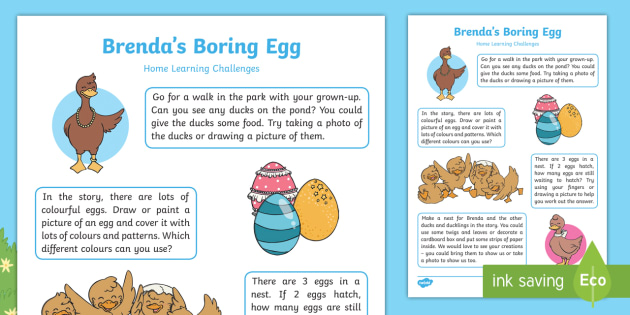Brenda's Boring Egg Home Learning Challenges Nursery FS1 - EYFS, Early Years, Twinkl Originals, Twinkl Fiction, Home Learning, Homework, Brenda's Boring Egg, 
