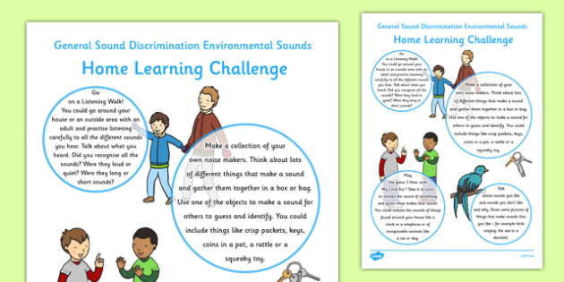 General Sound Discrimination Environmental Sounds Home Learning Challenge Sheet FS1 - EYFS planning, Early years activities, homework activities, phonics, Letters and Sounds, Aspect 1, Phase 1, listening skills.