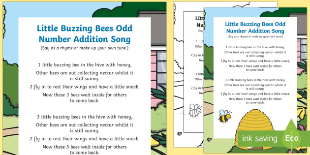 Little Buzzing Bees Odd Number Addition Rhyme - singing, song time, maths, mathematics, add, 2, addition, adding, plus, counting, bumble bee