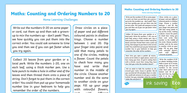 EYFS Maths: Counting and Ordering Numbers to 20 Home Learning Challenges - EYFS, Number, ELG, mathematics, early years, EYFS Planning, homework, home learning, parents, carers