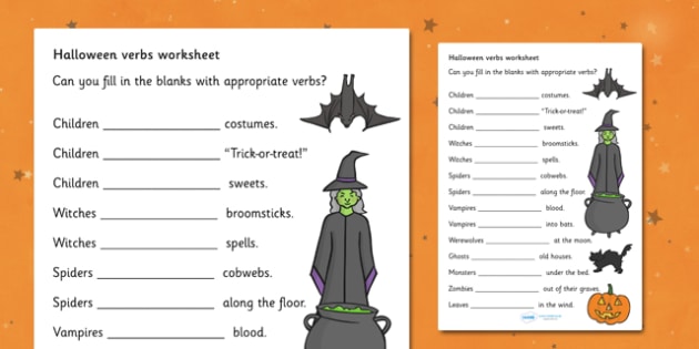 Halloween Verbs Activity Sheets- Halloween Verbs Worksheets, verbs, verb, worksheet, sheets, Halloween, pumpkin, witch, bat, scary, black cat, mummy, grave stone, cauldron, broomstick, haunted house, potion, Hallowe'en