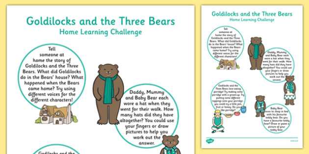 Goldilocks And The Three Bears Home Learning Challenge Sheet Nursery FS1 - EYFS, homework, Early Years, fairytales, traditional stories, nursery, foundation, parents