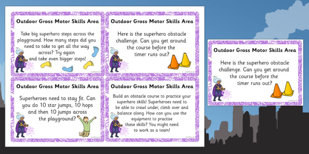 EYFS Superhero Themed Outdoor Gross Motor Skills Area Challenge Cards