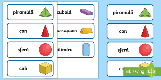 Forme 3D Cartonașe cu cuvinte - geometrie, bidimensionale, tridimensionale, română, materiale, activități,Romanian