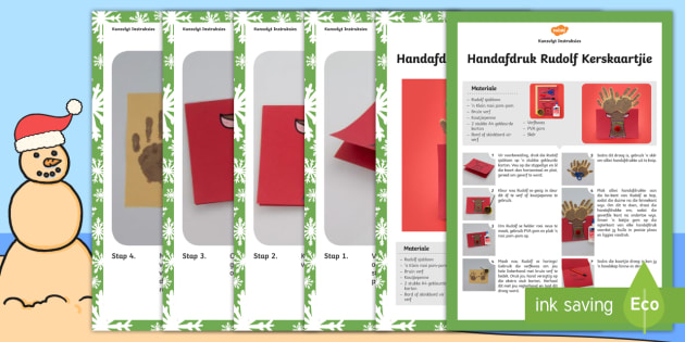 Handafdruk Rudolf Kerskaartjie Kunsvlyt Instruksies - Desember, fees, takbok, kuns, maak, kreatief, papier