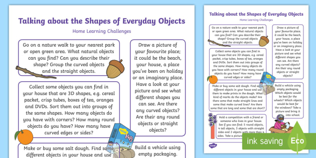 EYFS Maths: Beginning to Talk About the Shapes of Everyday Objects... Home Learning Challenge Sheet - Beginning to talk about the shapes of everyday objects, e.g. ‘round’ and ‘tall’, mathematics