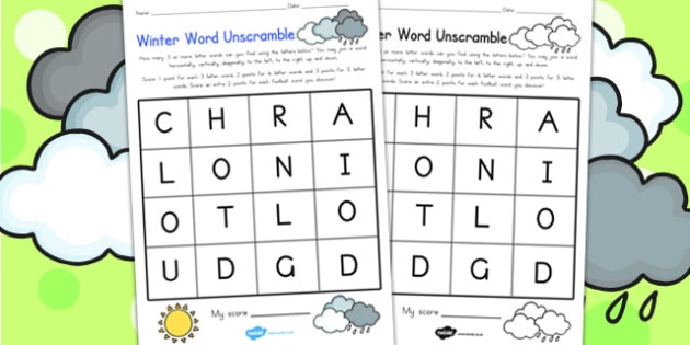 Winter Word Unscramble - seasons, weather, literacy, word games
