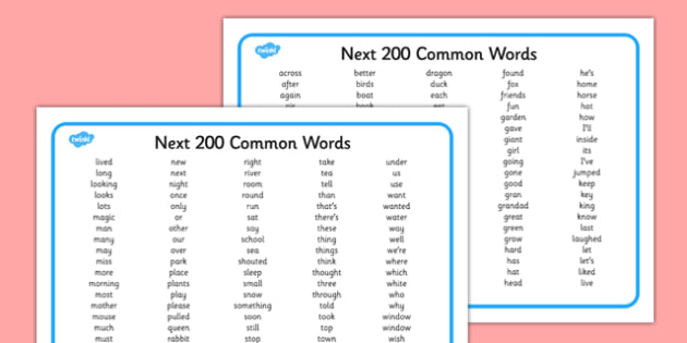 Next 200 Common Words Alphabetical Word Mat 200 Common Word