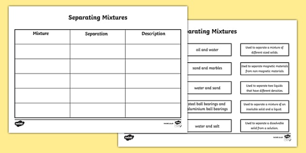 Separation Of Mixtures Worksheet